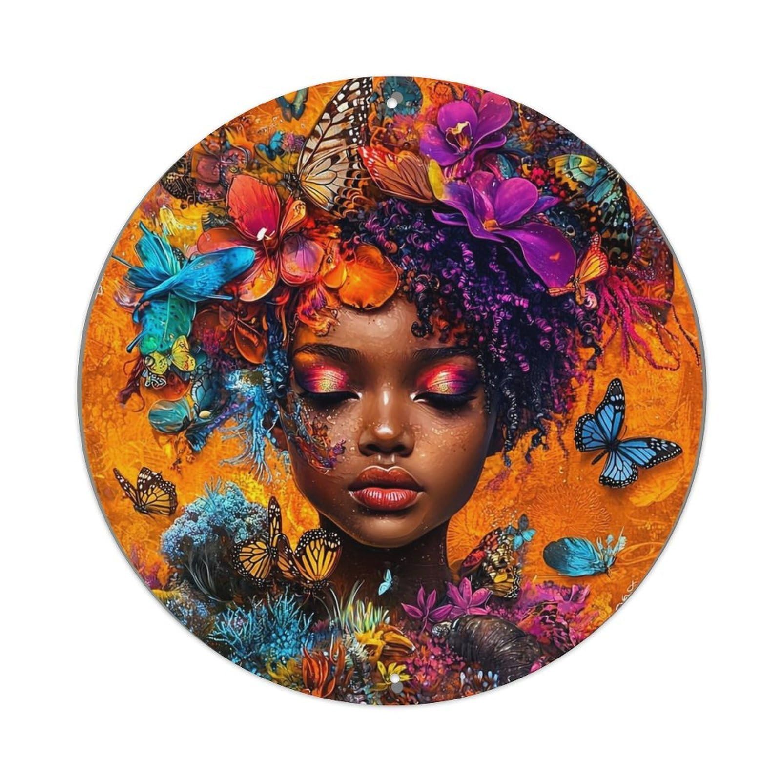 Floral Butterflies Vibrant Colors Artistic Portrait Round Metal Tin Sign Vintage Wall Decor, Bar Garage Cafe Kitchen Home Wall Art Poster 8x8inches