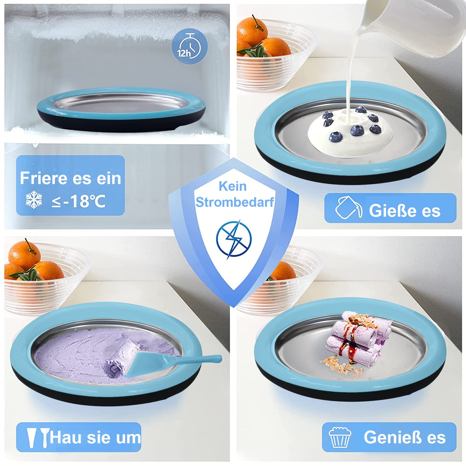 Maszyna do lodów, DIY rękodzieło, stal nierdzewna, jakość spożywcza, maszyna do lodów rolowanych, płyta lodowa z 2 szpatułkami, mrożony jogurt, sorbet, lody, niebieski, ręczny, pielęgnacja