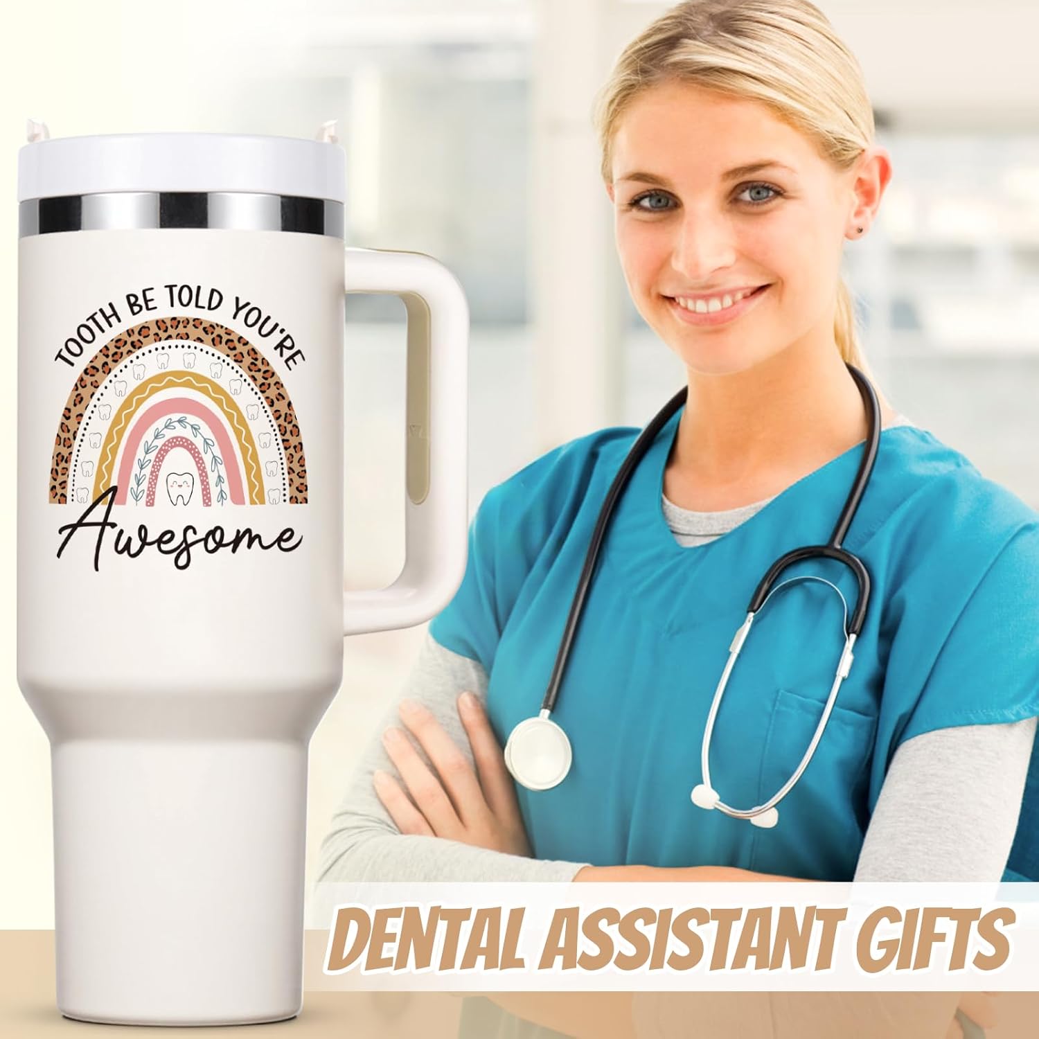 Qtencas Dental Assistant Appreciation Gifts, Tooth Be Told You Are Awsome 40oz Tumbler with Keychain, Socks, Badge Reel, Make Up Bag and Stickers, Dental Assistant Gifts for Coworkers, Creamy - Image 2