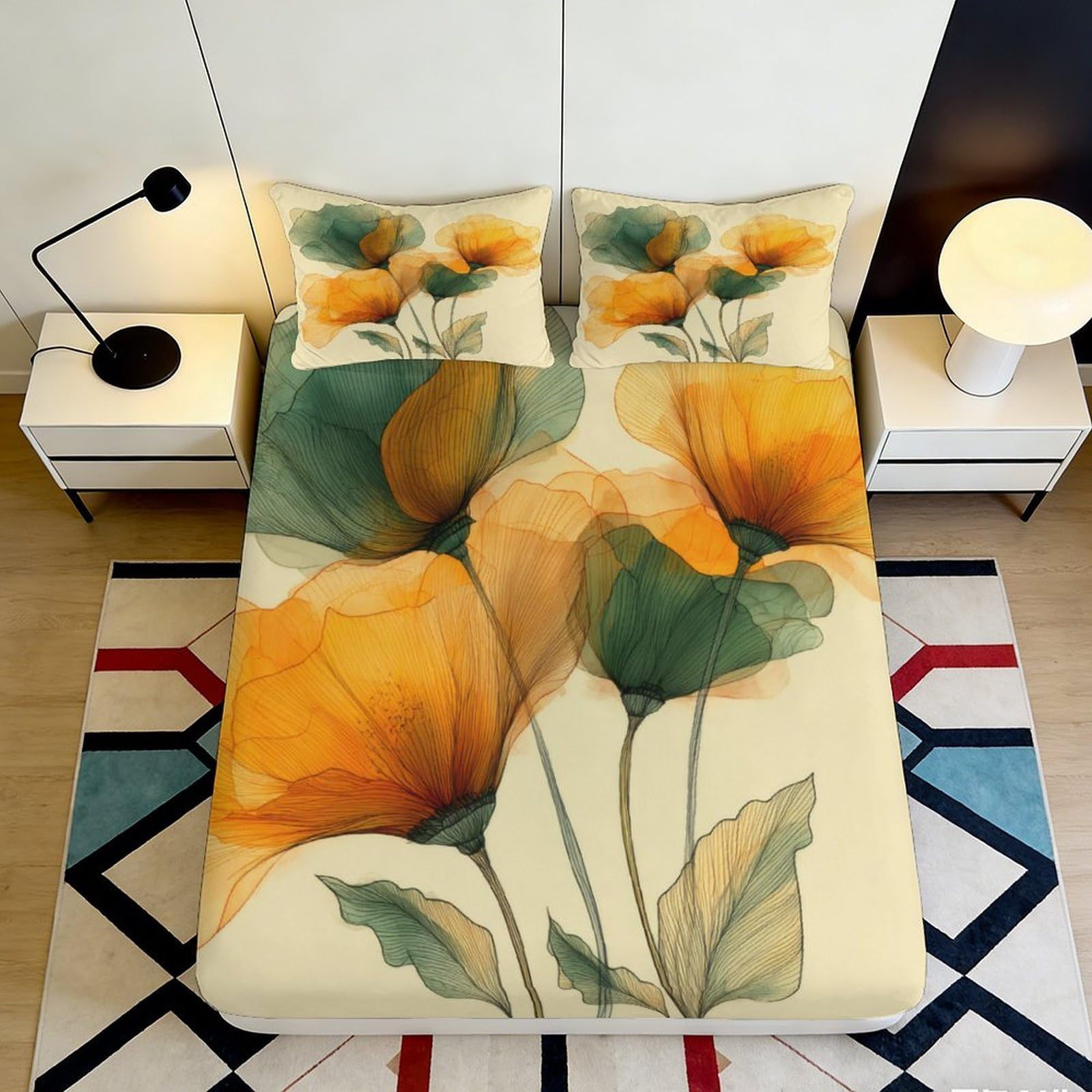3D Printed Orange Poppy Floral Fitted Sheet Microfiber Soft Breathable Green Botanical Bed Cover for Bedroom Dorm Mattress Protection Decor 180x200x25cm