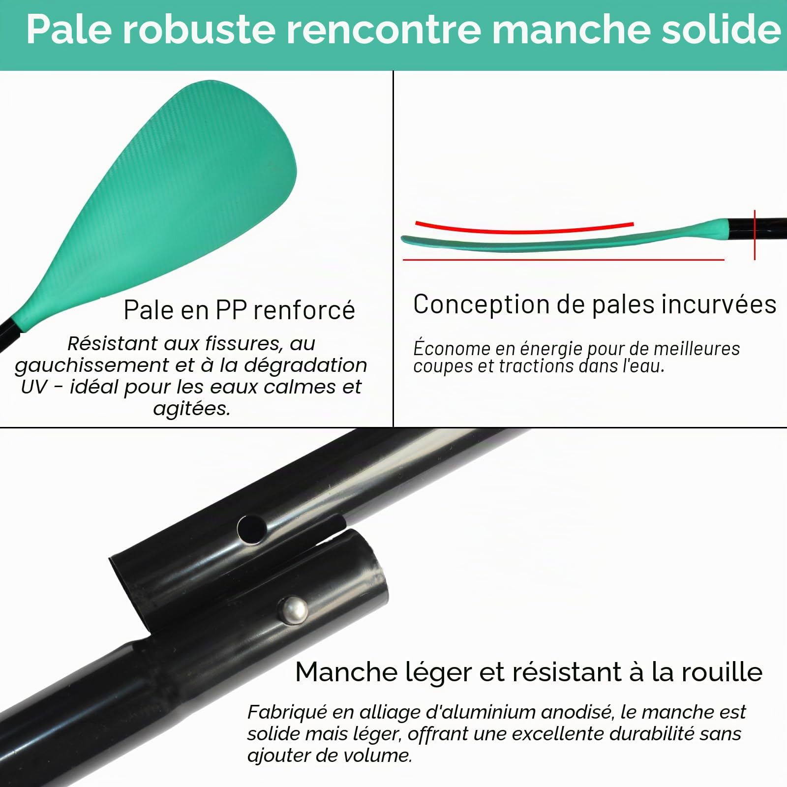 BeGrit Pagaie Paddle 2-en-1 en Aluminium avec Laisse Réglable de 170 cm à 210 cm Rame Paddle Amovible pour Kayak Canoë Stand Up Paddle Sup, Pagaie Double