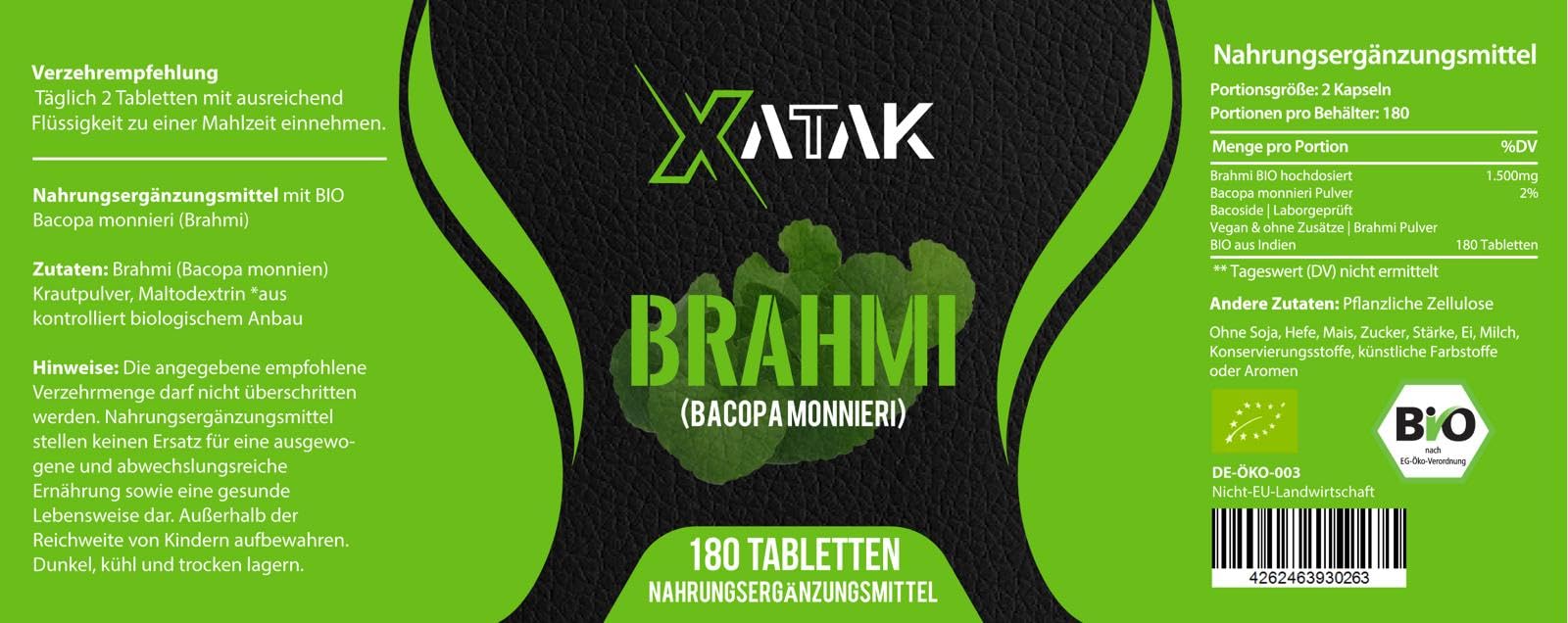 Bio Bacopa Monnieri Extrakt – 180 Tabletten | Hochdosiert 500 mg | Gedächtnis, Konzentration & Stressabbau | Vegan & laborgeprüft