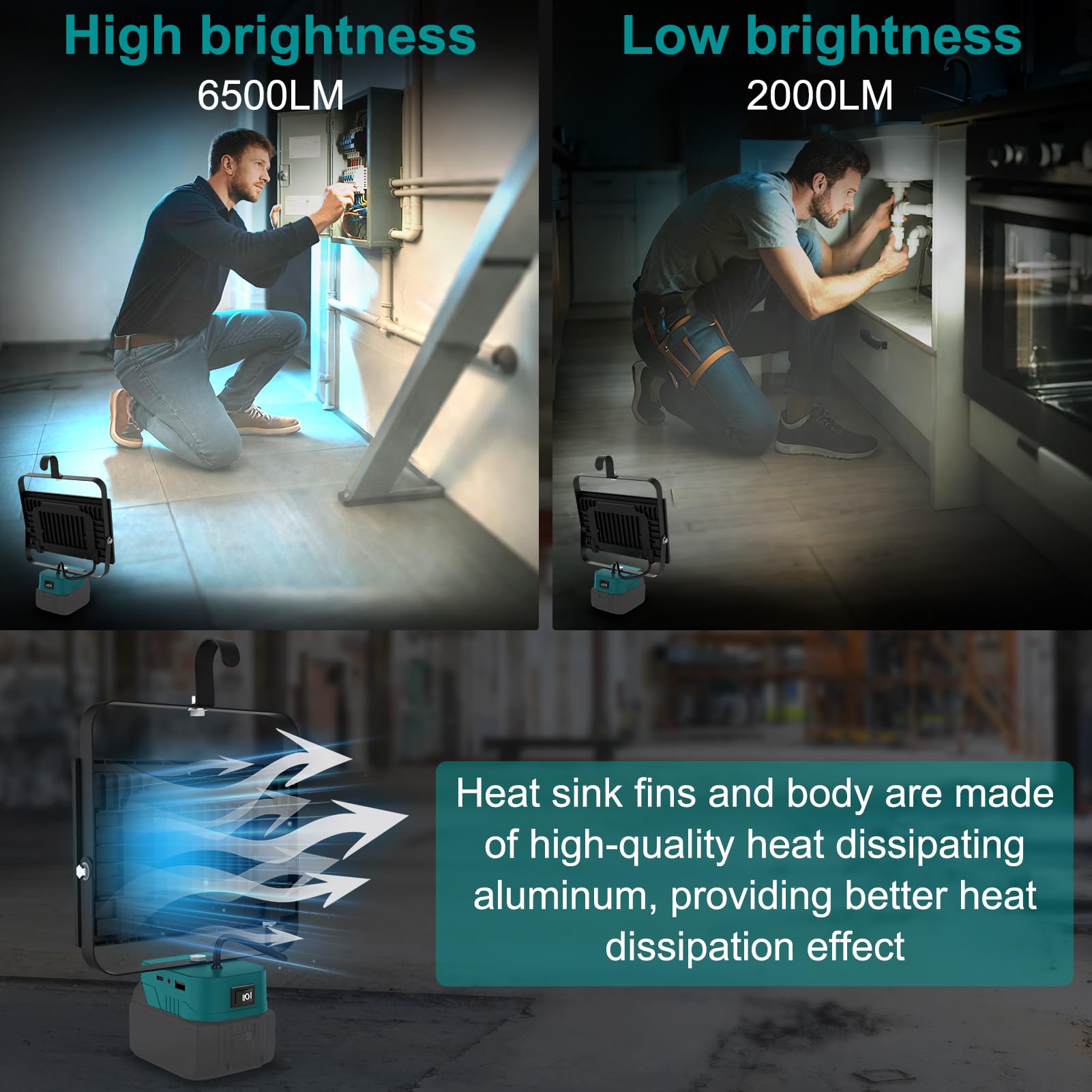 NATPOW Akku Lampe Kompatibel mit Makita 18V (Kein Akku), 2 Stück 6500LM Akku Strahler, 2 Modi Baustrahle Ultra Helle, Tragbarer Strahler mit Typ C und USB-Aufladung für Baustellen Autoreparaturen