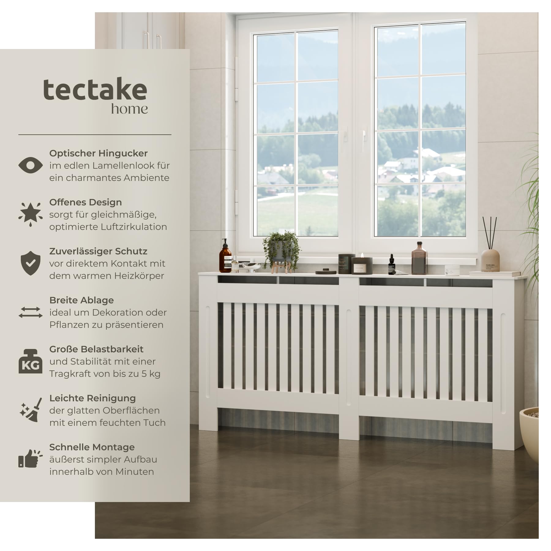 tectake® Heizkörperverkleidung, Holzverkleidung MDF, Heizungsverkleidung weiß mit Lamellen, Heizkörperabdeckung, Heizungsabdeckung, Verkleidung für Heizkörper, skandinavisch - 172,3 x 19 x 82 cm