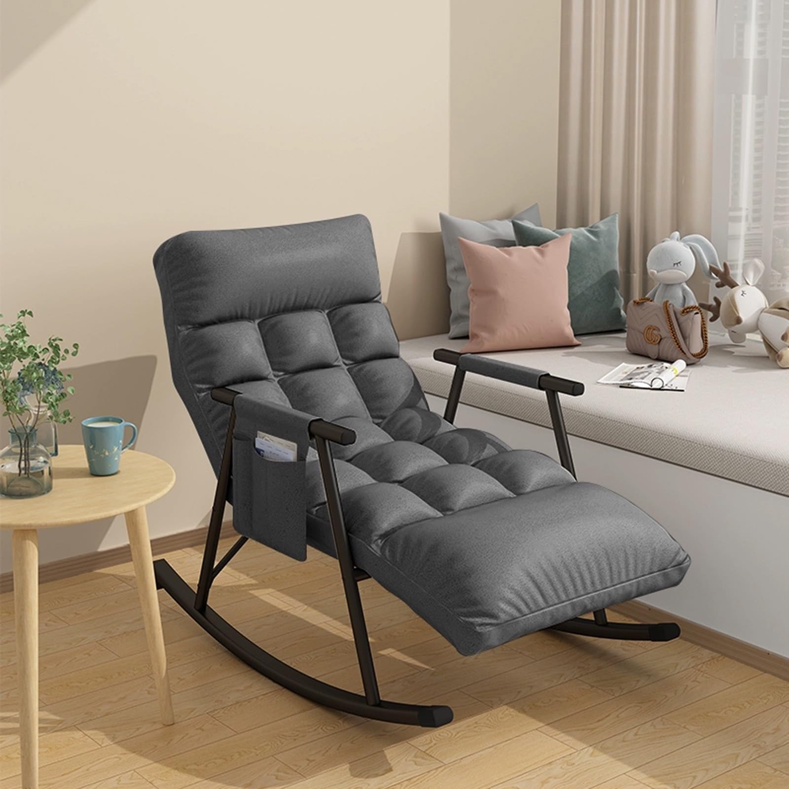 Interior Relax dormitorio silla mecedora con cojín, sala de estar sofá silla con Reposabrazos, moderno respirable tumbona, exterior jardin mecedora, silla ergonomica,Respaldo ajustable. ( Color : Blac