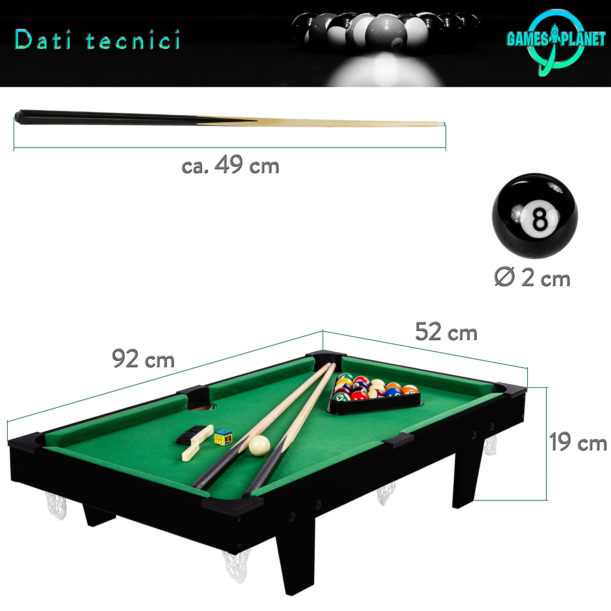 GAMES PLANET Mini tavolo da biliardo Micro incl. accessori (2 stecche, palle, triangolo, gesso, spazzola), 3 decori, dimensioni: 92 x 52 x 19 cm