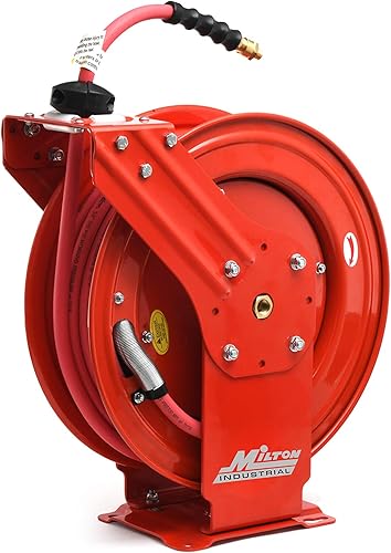 Milton Industrial Strength Auto- Retráctil Manguera de aire carrete de acero de doble brazo, 1/2" MNPT x 50 pies Manguera de goma híbrida - 300 PSI