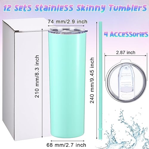 Miniatura 2 de 12 vasos delgados con tapas y pajitas a granel de 20 onzas, vasos aislados de acero inoxidable en blanco para viajes, regalos individuales para