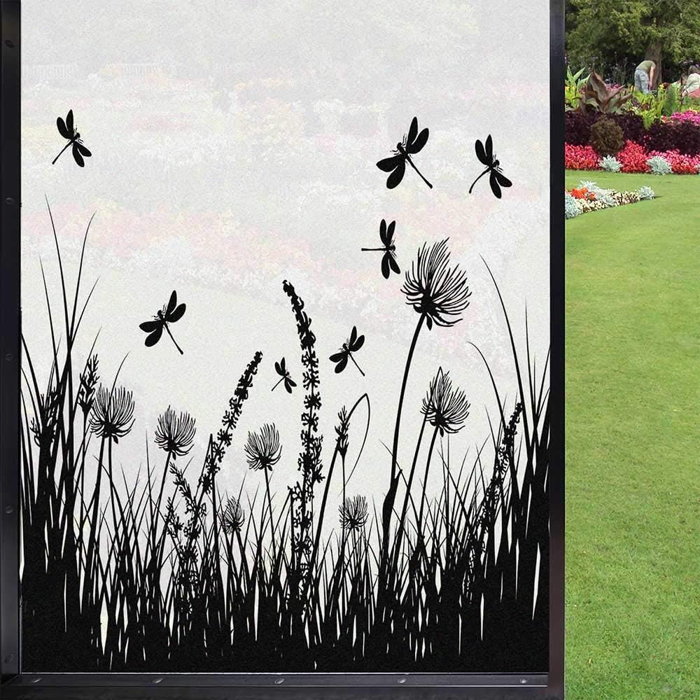Nature Window Film Window Stickers,Grass Bush Meadow Silhouette with Dragonflies Flying Spring Garden Plants Display Door Privacy Film for Bathroom Office Living Room,Black White 24" x 36"