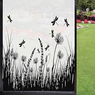 Nature Window Film Window Stickers,Grass Bush Meadow Silhouette with Dragonflies Flying Spring Garden Plants Display Door Privacy Film for Bathroom Office Living Room,Black White 24