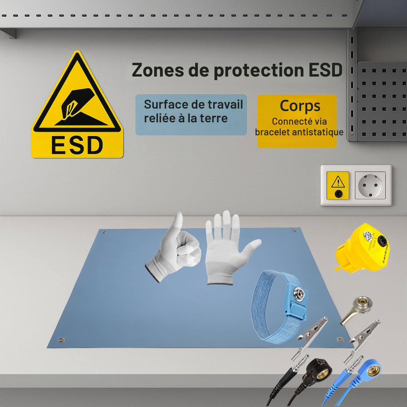 Tapis de table antistatique ESD pour ordinateur 60 x 30 cm - Qualité supérieure - Avec manchon + rallonge de 2,4 m + prise de terre ESD + gant - Bleu