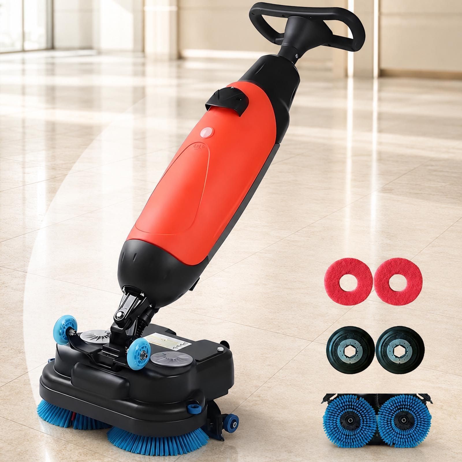 menglanchang Commercial Floor Scrubber Machine, 17 Inch Cordless Walk-Behind Floor Cleaner with Dual Rotating Brush and Squeegee for Office, Restaurant, Salon, Retail and Small Commercial Spaces Red
