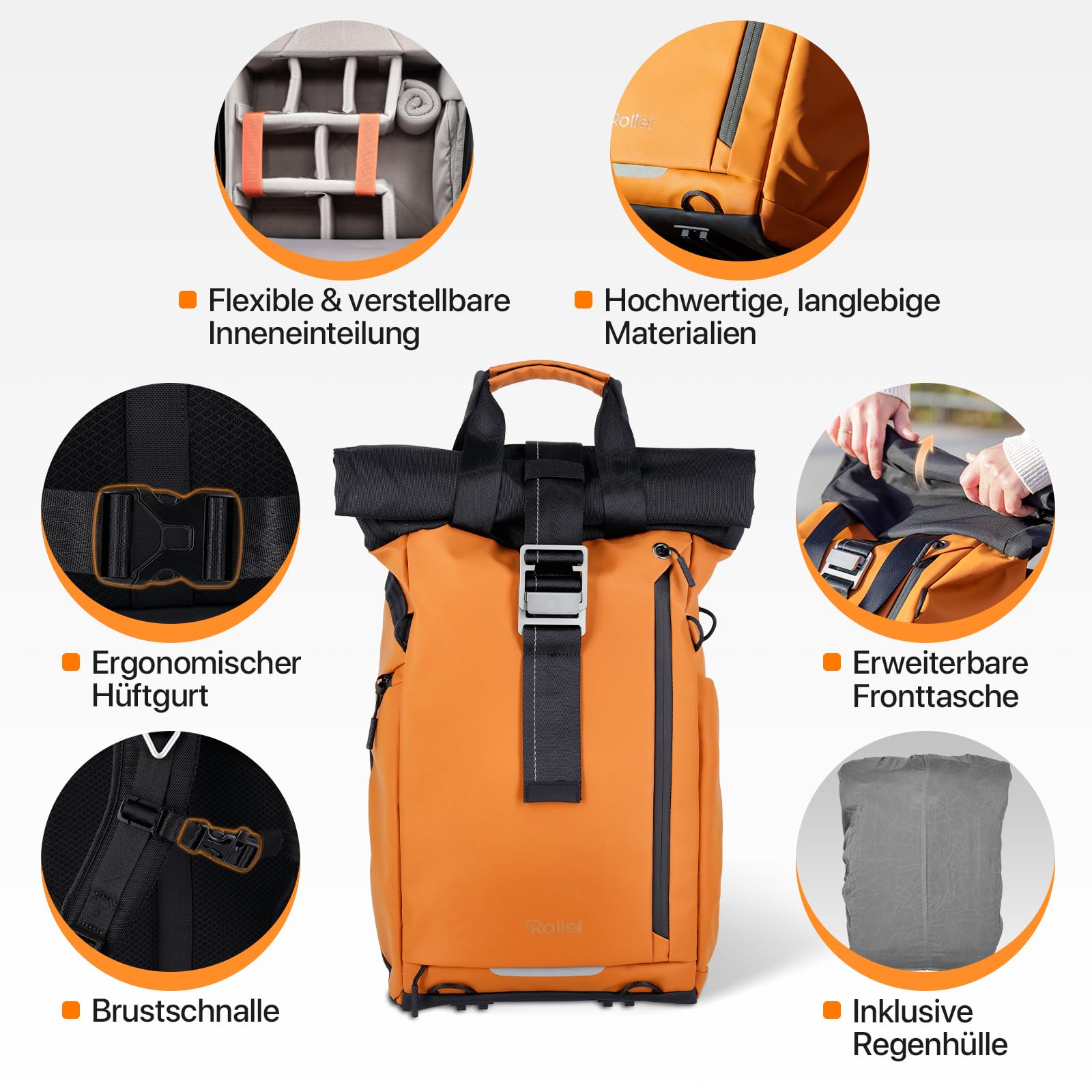 Rollei Fotoliner Ocean Rolltop Kamerarucksack Wasserdicht Fotorucksack Groß Kamera Rucksack mit Laptopfach Stativhalter für DSLR SLR Kameras