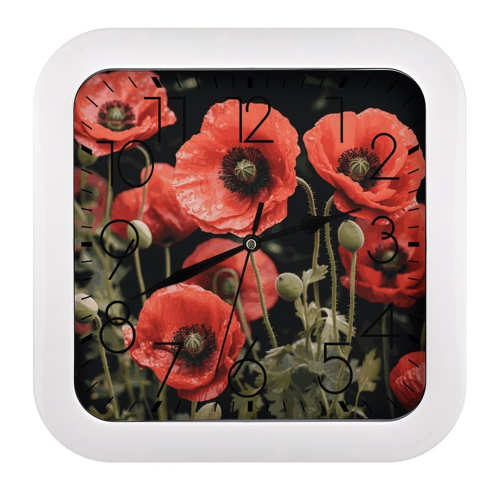 LDGSUPH Red Poppy Flowers Leaves Wall Clock Silent Non-Ticking Modern Clock Personalized Vintage Square Clocks for Travel Office Kitchen Home Decorative Clocks 10.2 Inch