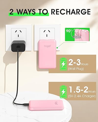 Miniatura 3 de TG90 Cargador portátil de 5000 mAh con enchufe y cables de pared de CA integrados, banco de energía de carga rápida delgado, tamaño de bolsillo, USB
