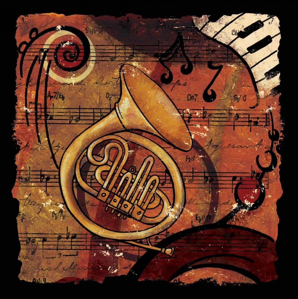 TELA-CON-AMERICAN-BOX Jazz Music III CW Designs Inc. - Astratto quadrato Stampa artistica corno francese jazz musica pianoforte rosso arancione giallo bro Cornice galleggiante 12_X_12_in