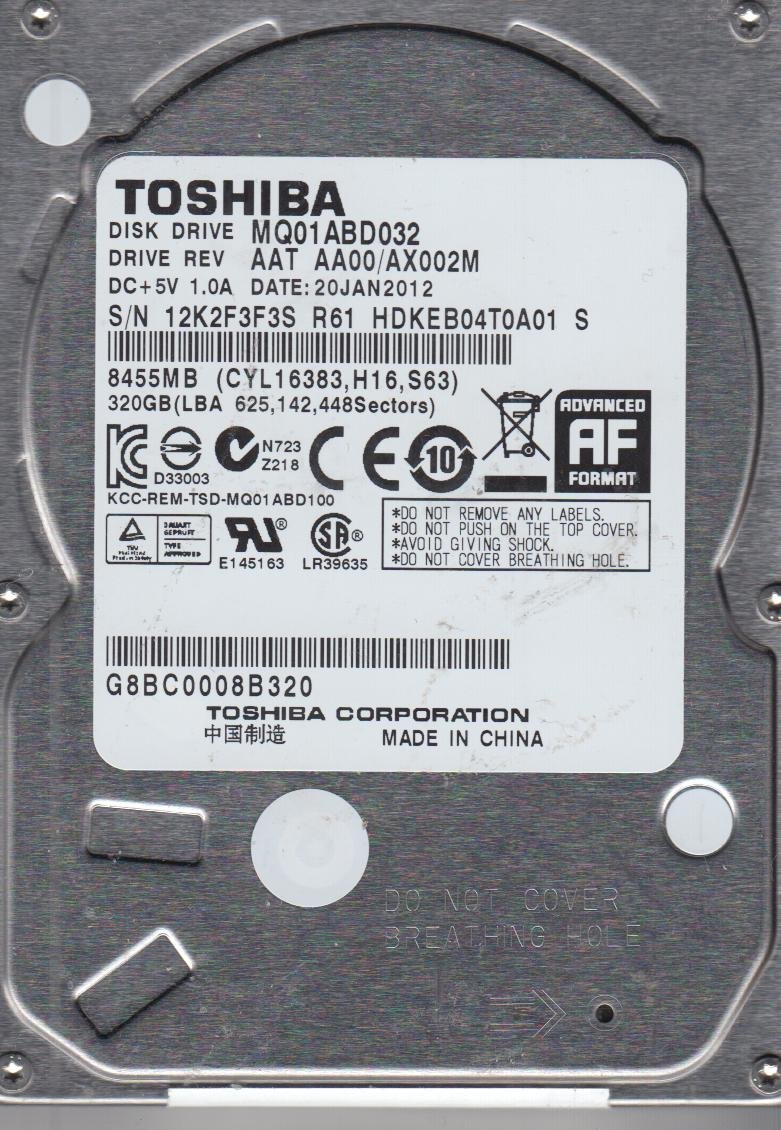 Toshiba MQ01ABD032, AA00/AX002M, HDKEB04T0A01 S, 320GB SATA 2.5 Disco Duro