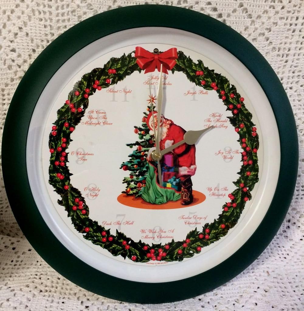 Caroling Clock with Light Sensor - Plays 1 of 12 Traditional Carols on Each Hour, 12" Green Rustic Holiday Clock