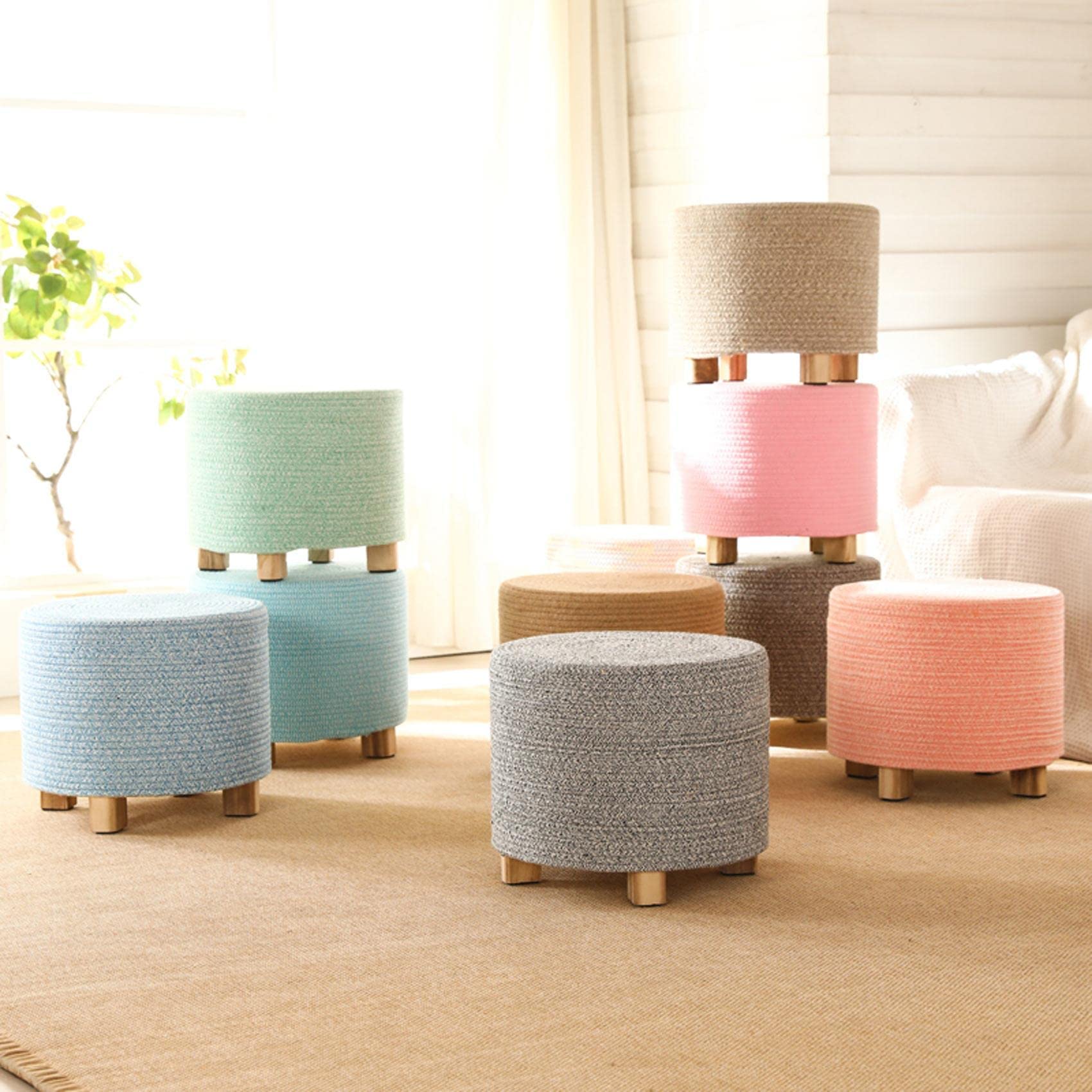 CHEWYNP s taboret z bawełnianą nicią podnóżek okrągły podnóżek do zmiany butów stołek do sypialni s do salonu, kolor cukierkowy - 30 x 31 cm