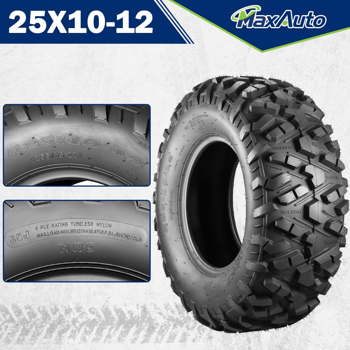 MaxAuto Set of 2 AT25x10-12 ATV UTV Mud Sand Tires,25x10x12 All-Terrain Off-Road Rear Tires,6 PR, Tubeless