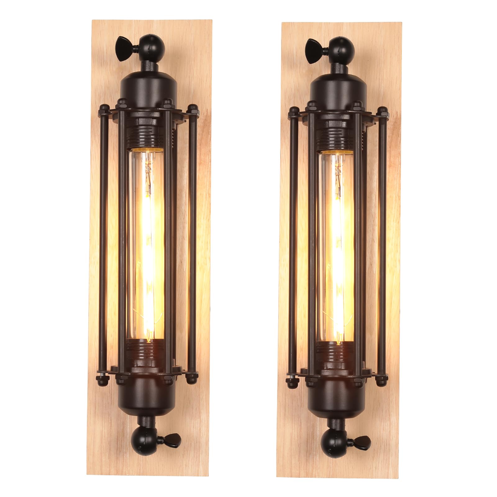 2 Stück Wandleuchte Innen Industrielle Wandleuchten Schwarz E27 Vintage Wandlampe 37cm aus Metall und Holz Wandlicht Design für Schlafzimmer Wohnzimmer Treppen Esszimmer