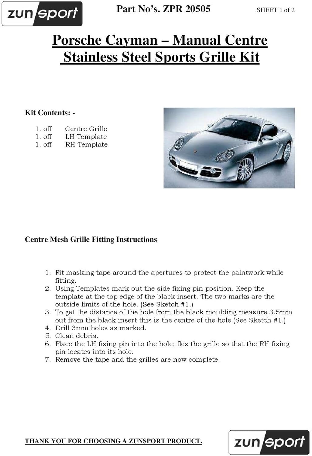 Zunsport Compatible With Porsche Cayman 987.1 - Centre Grill (Manual and Tiptronic) - Black finish (2005 to 2009)