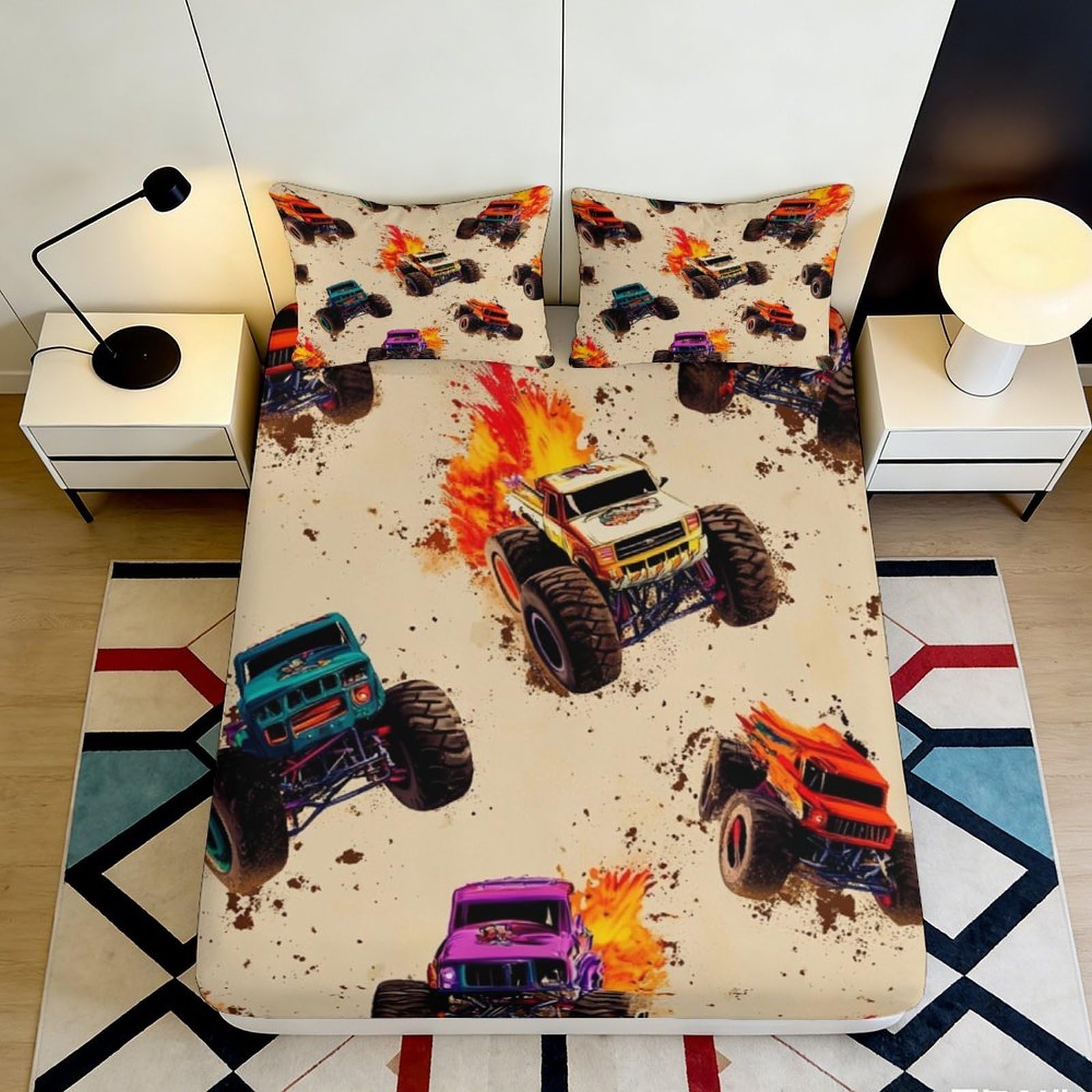 3D Printed Monster Truck Fitted Sheet Microfiber Soft Durable Racing Car Bed Cover for Bedroom Guest Room Decor 90x200x25cm