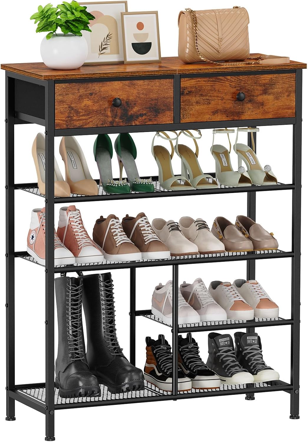 Snughome Shoe Rack, 5 Tier Shoe Storage Organizer with 2 Drawers, Shoe Storage Shelves with Sturdy Wooden Top and Metal Shelves, Free Standing Shoe Rack for Entryway Closet
