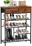 Snughome Raquette de chaussures, 4 Organisateur de rangement de chaussures de niveau avec 2 Tiroirs, étagères de rangement de chaussures avec plateau en bois robuste et étagère en métal, rack de chaussures debout gratuit pour le placard d'entrée