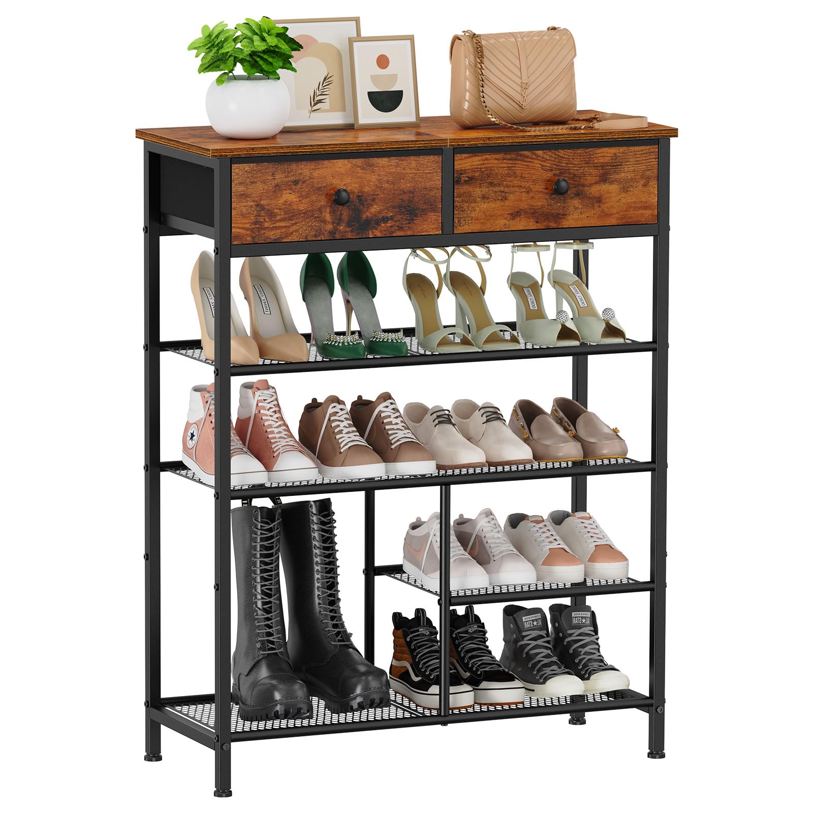 Snughome Shoe Rack, 5 Tier Shoe Storage Organizer with 2 Drawers, Shoe Storage Shelves with Sturdy Wooden Top and Metal Shelves, Free Standing Shoe Rack for Entryway Closet