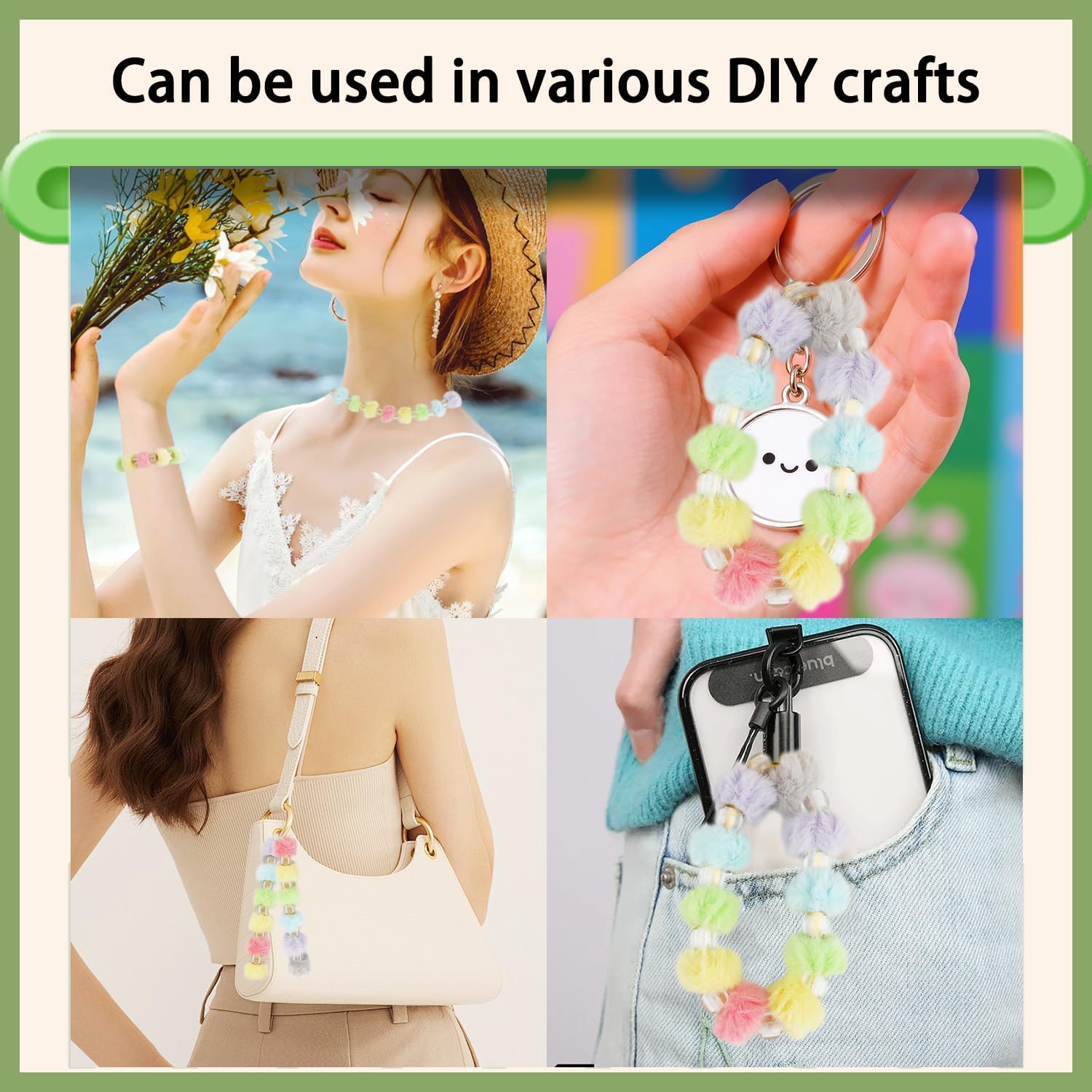 360 Pcs Colorful Fuzzy Faux Fur Pom Poms Beads, Including180 Clear Spacer Beads, Soft Fluffy DIY Craft Supplies for Jewelry, Keychains, Bracelets, Pens, Hair Accessories (6 Colors) - Image 5