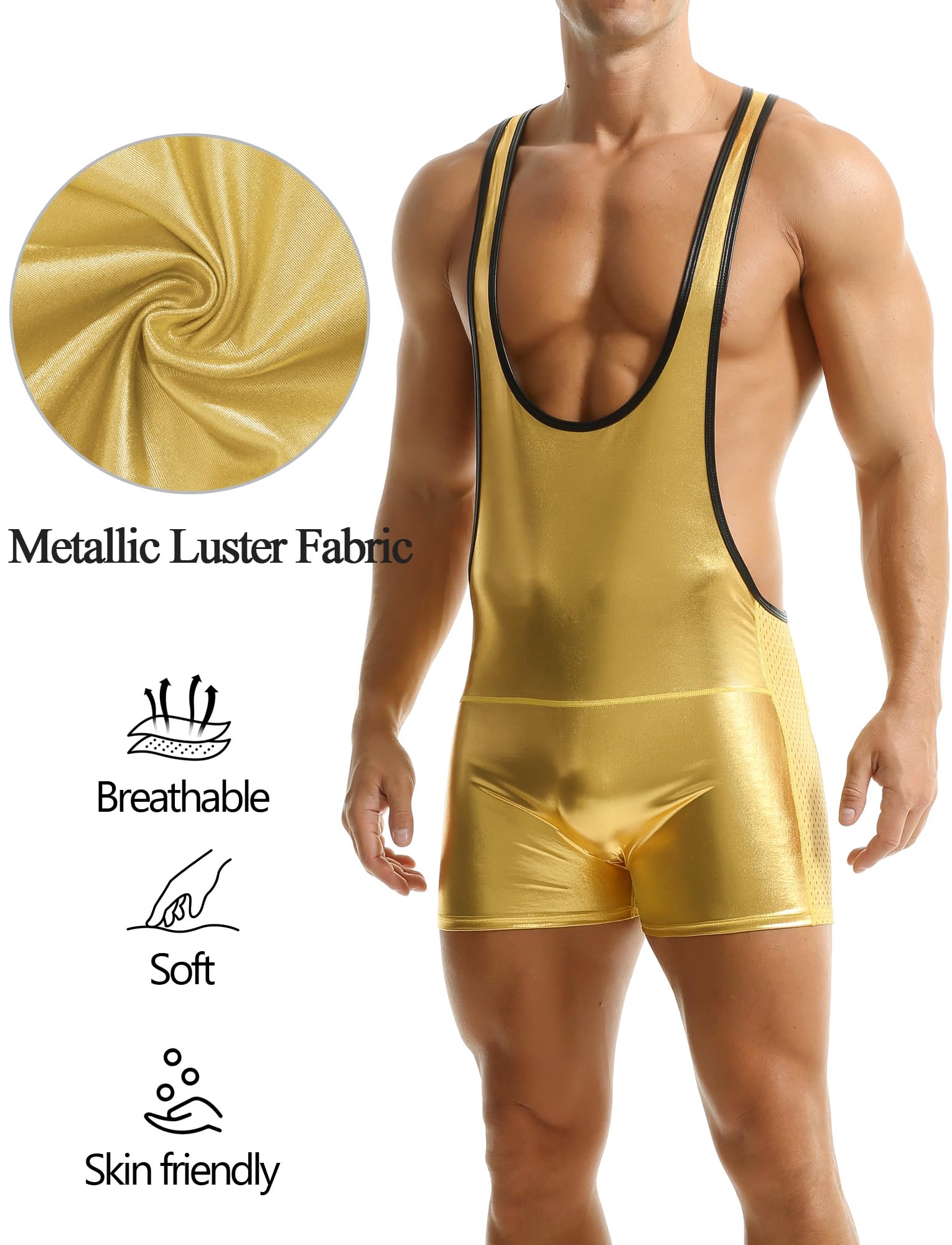 AIEOE Combinaison de sport monobloc de lutte pour homme - Combinaison de sport métallisée - Supporters Jockstrap - S-XL
