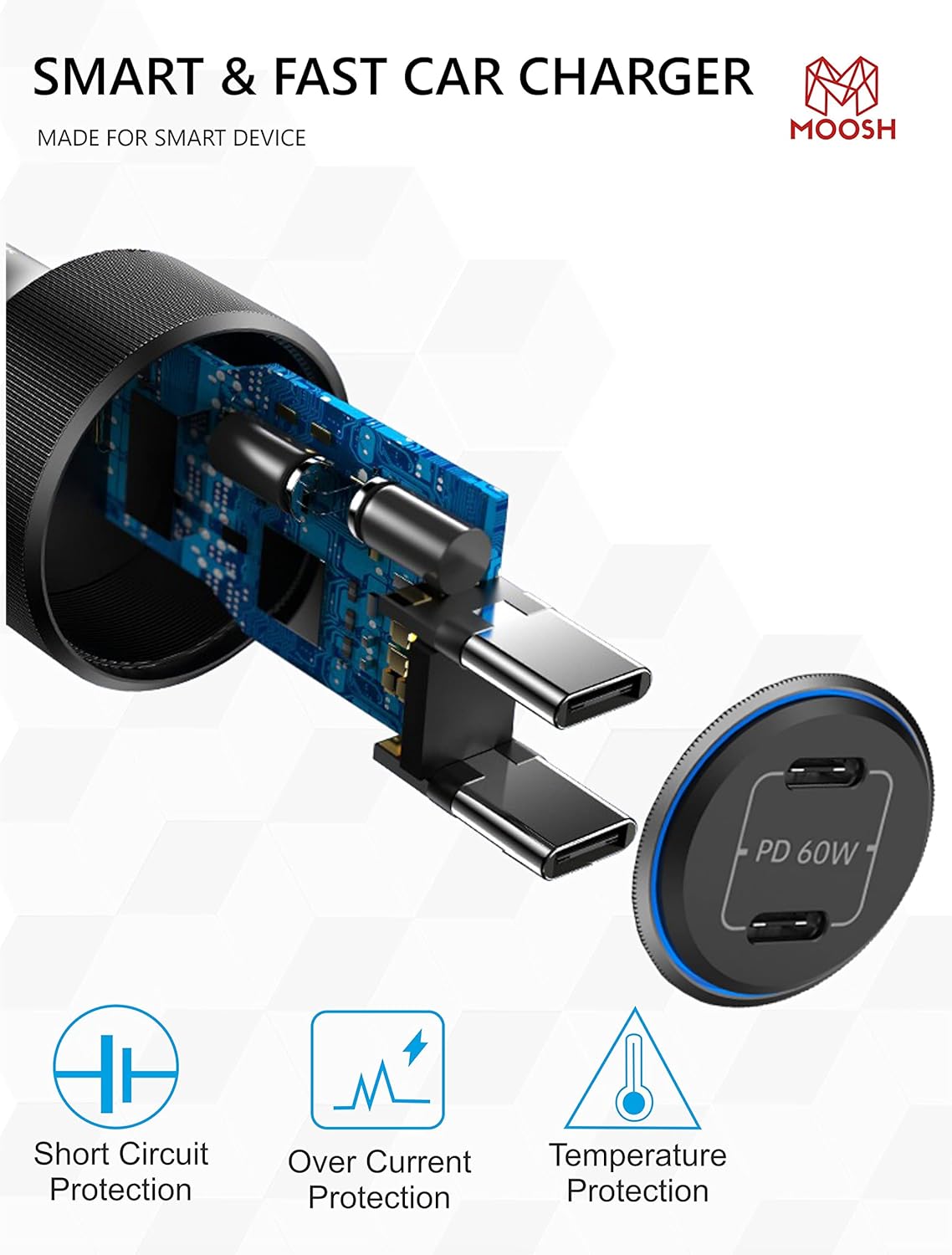 Moosh 60W Certified Dual USB Type C + Type C Fast Car Charger Power Delivery 3.0 with Pps for All Smartphones USB C Devices Black