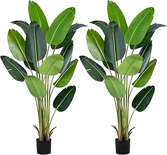 Artificial Bird of Paradise Plant 6Ft Fake Tropical Palm Tree with 13Trunks Faux Banana Leaf Trees in Pot for Home Indoor Outdoor Office Modern Decor Housewarming Gift（2Pcs）
