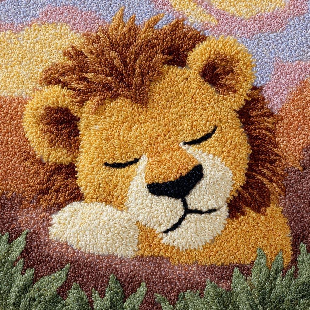 Henypt Latch Hook Pillow Making Kit 43x43cm,Sleeping Lion cub Printed Canvas Needlework Set,Relaxing Handmade Craft for Home Bedroom Decoration