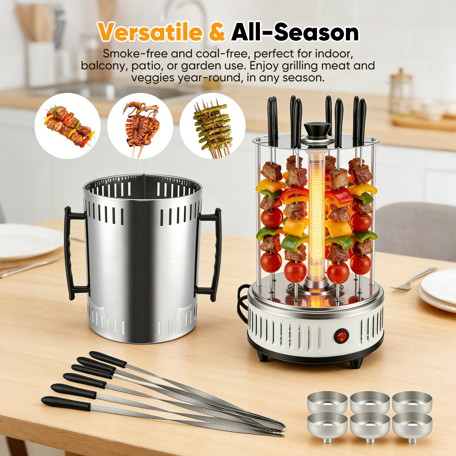 Gril électrique Vertical, Gril électrique 1000 W Shish Kebab Grill avec 6 brochettes, Gril Rotatif pour Barbecue, Gril de Table, Tube Chauffant en Verre amélioré pour la Maison, Le Jardin