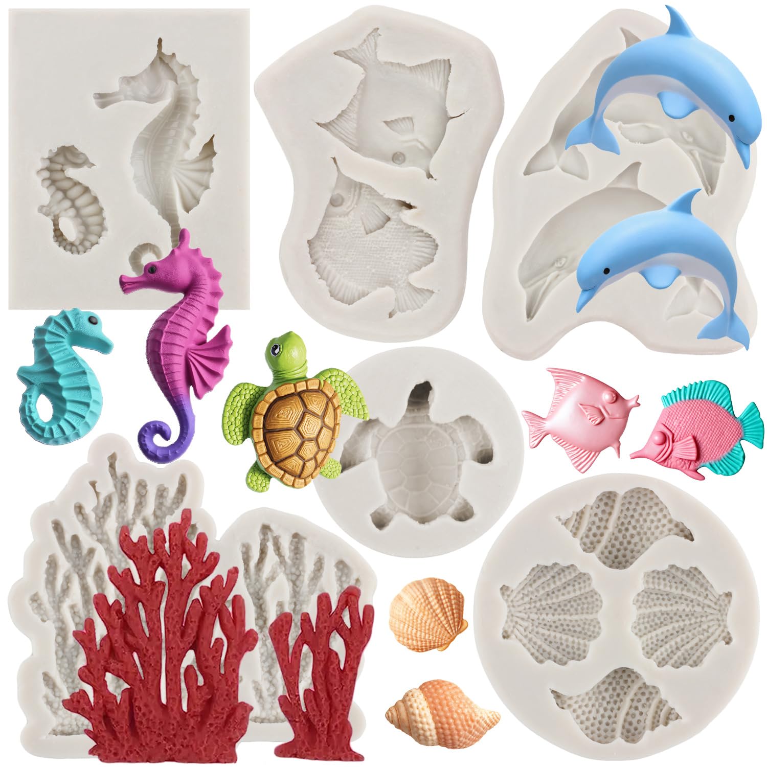 MYPRACS Marine Theme Fondant Mould Turtle Seahorse Silicone Moulds Set of 6