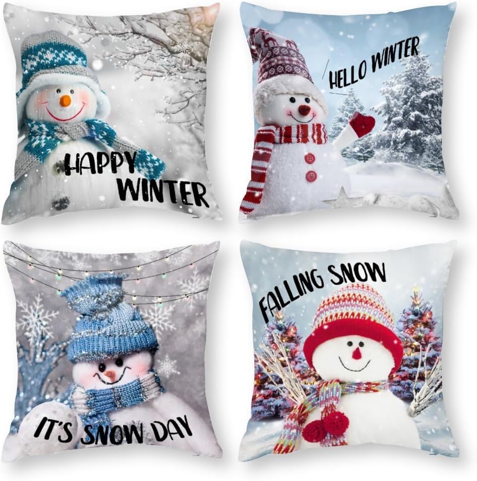 BBKD Christmas Snowman Winter Pillow Covers 18x18 Set of 4