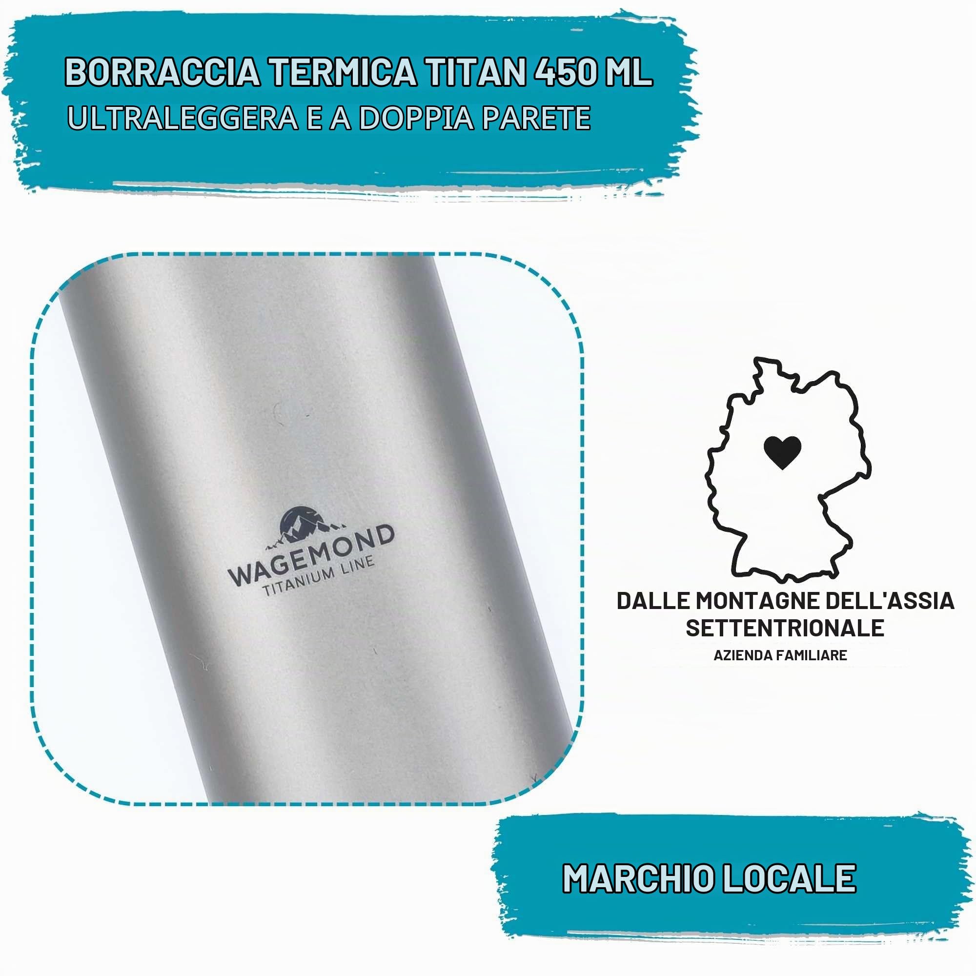 Thermos in titanio, 450 ml, ultraleggero e a doppia parete, isolato, 100% titanio, insapore e senza BPA, con filtro da tè e spazzola naturale, per tutti i giorni, viaggi e attività all'aperto