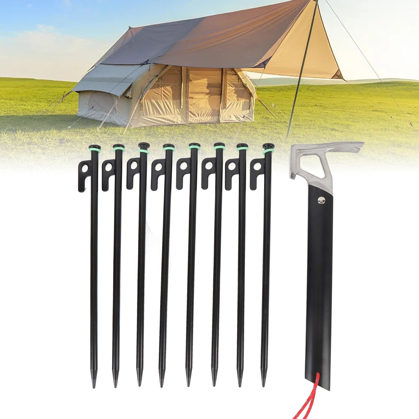 Piquets de Tente Camping Corde Haubans Léger Durable Multiusage Équipement de Plein Air pour Camping Randonnée Sac à Dos Alliage d'Aluminium Marteau en Acier Inoxydable 30cm 8pcs (Kaki)
