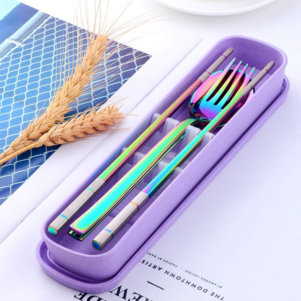 Color ME Portable Utensils Set, Travel Camping Cutlery with Storage Case, Reusable Stainless Steel Flatware Set, Including Fork Spoon Chopsticks