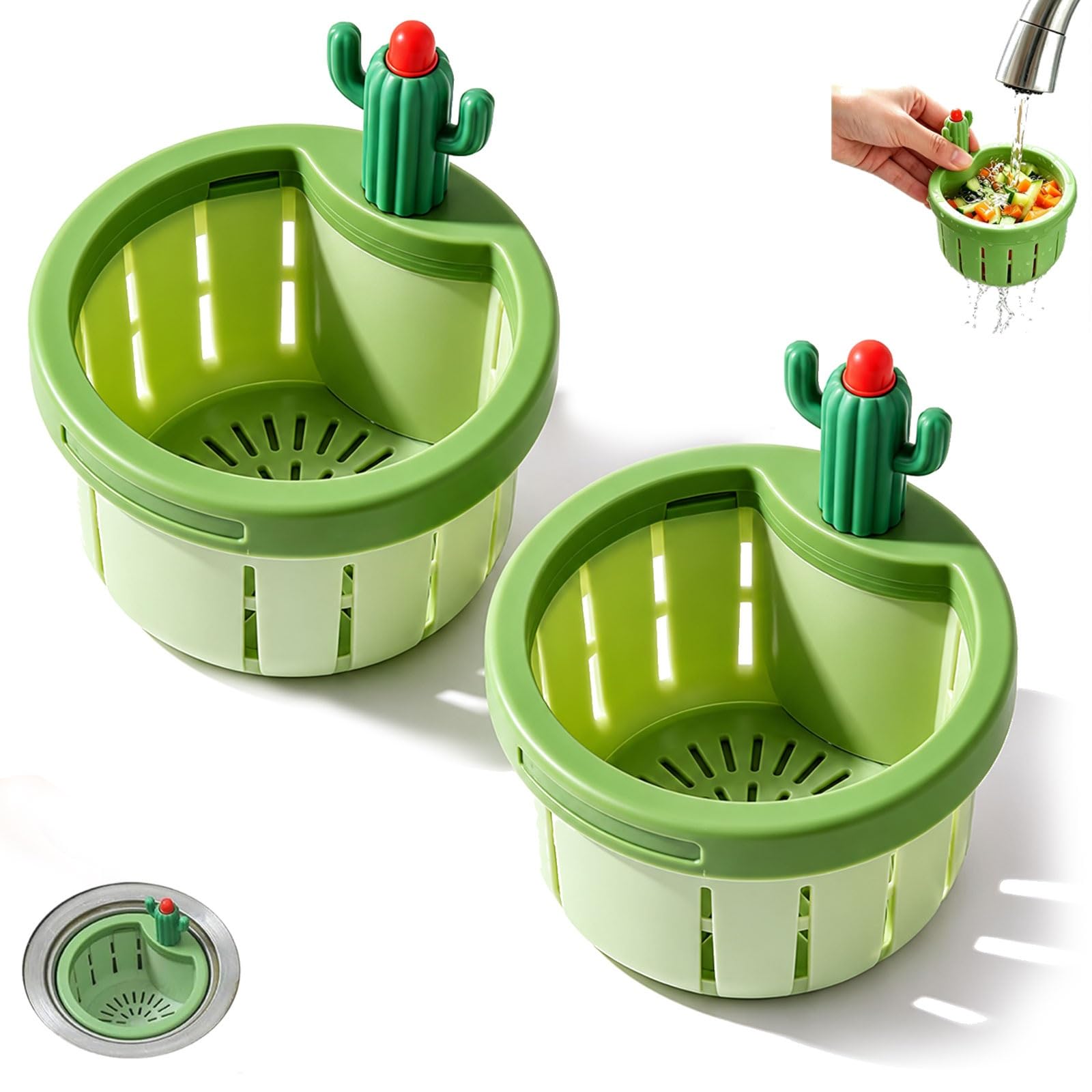 Cactus Kitchen Sink Drain Strainer, Cactus Sink Strainer Basket, Press-to-Lift Automatic Dumping Basket, Self-Cleaning Food Residue Collector(GREEN*2)