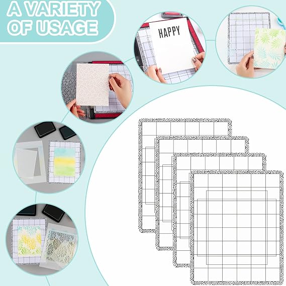 4 PCS Sticky Non-Slip Flexible Gridded Stamp Mats Grid Sheets Low Stick Mat Multi-Use Low Tack Mat,Stick and Stamp Adhesived Sheet Scrapbooking Craft Accessory