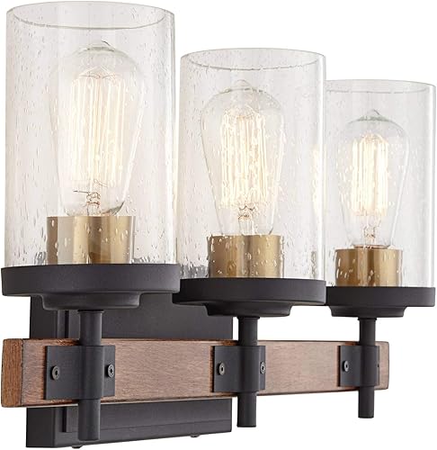 Miniatura 7 de Possini Euro Design Kata Farmhouse - Lámpara de pared rústica de madera sintética negra cableada de 22 pulgadas, 3 lámparas, cristal cilíndrico