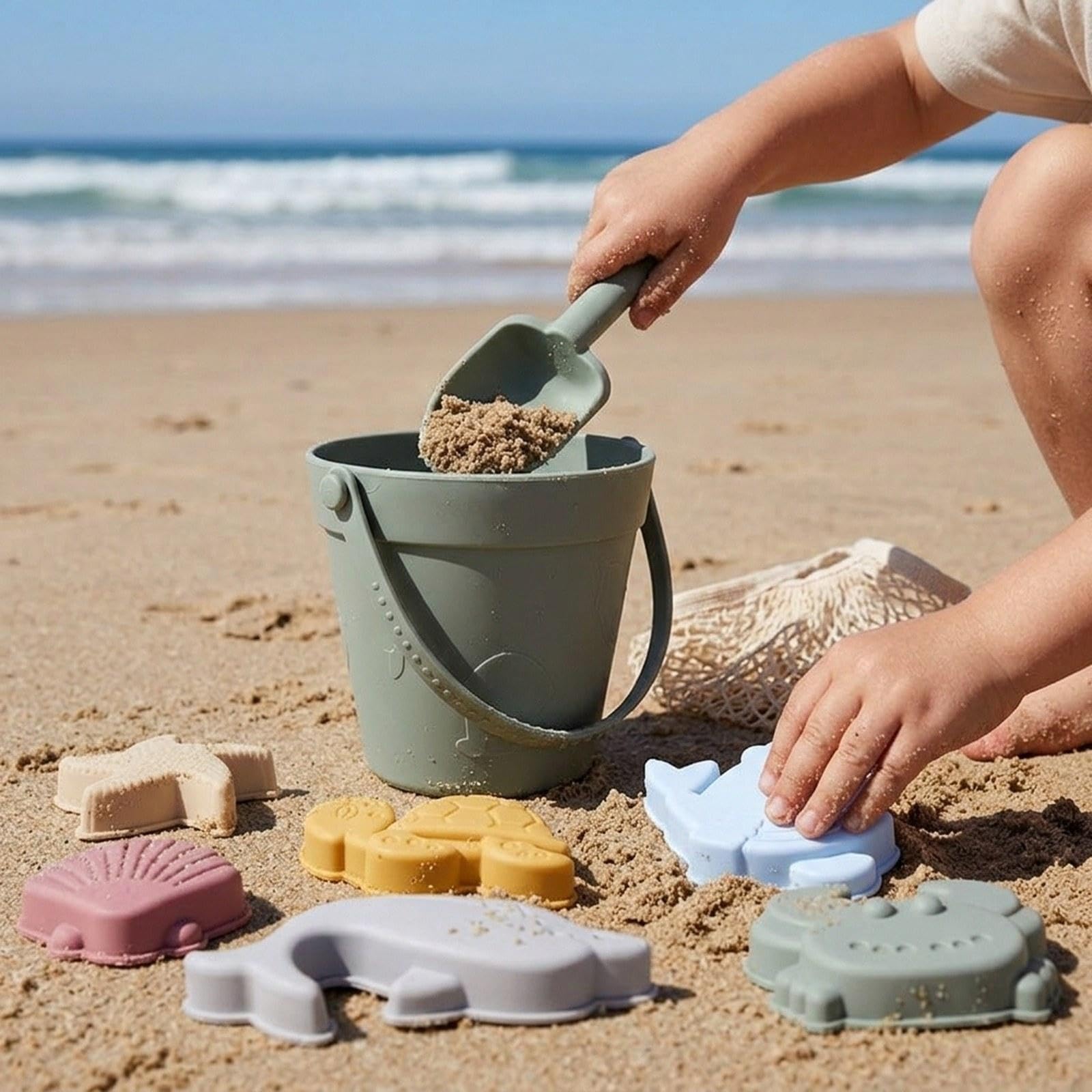 Jouets de Plage Seau Sable Silicone Moules Marin Sac de Transport Pratique et Adapté Aux Jeux Enfants Plein Plage Jardin En Toute, Vert