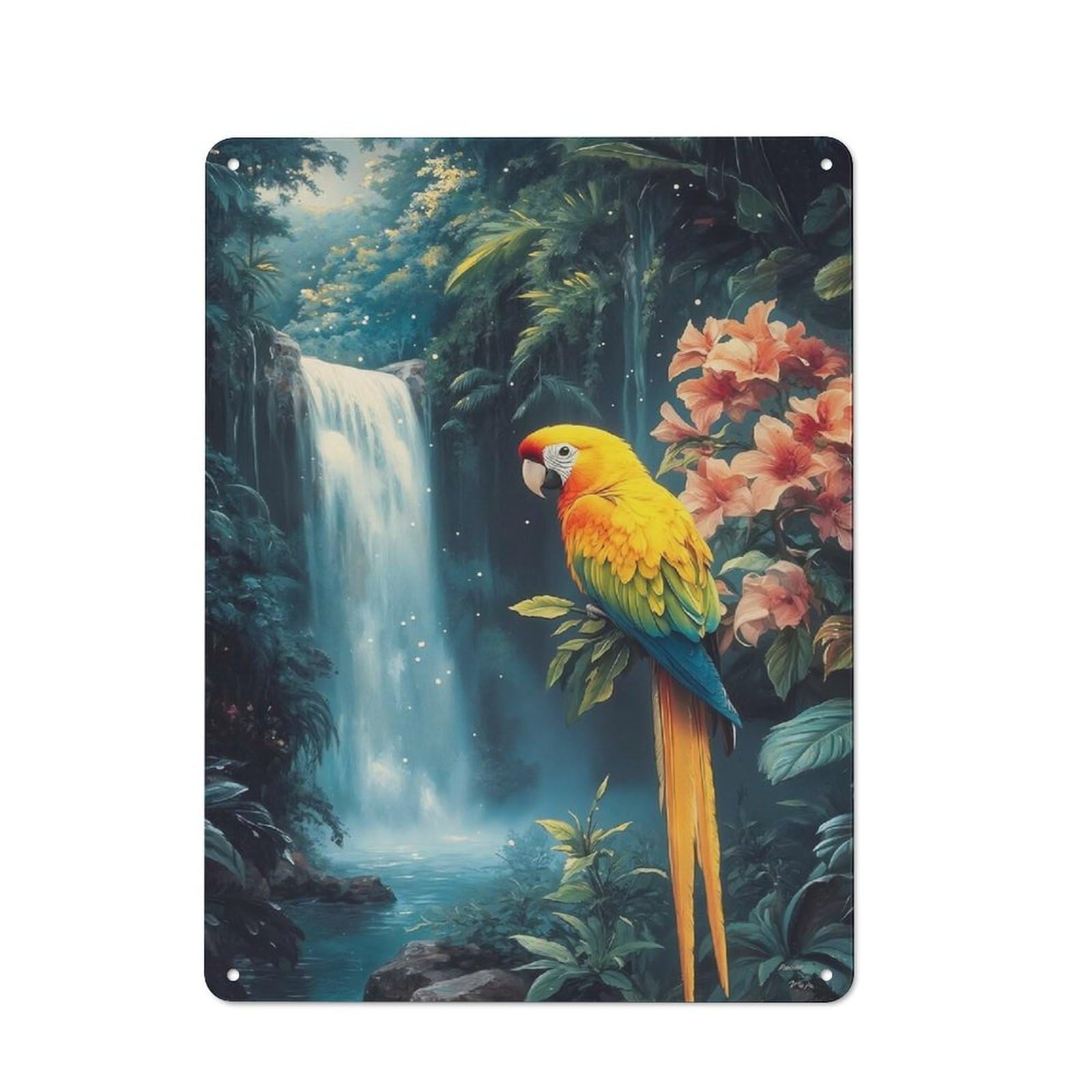 Junmoney Style-13 Parrot In Tropical Waterfall Paradise Retro Metal Sign 40X30cm, Distressed Look Retro Room Decor For Living Room, Hallway, Kitchen Or Cafe