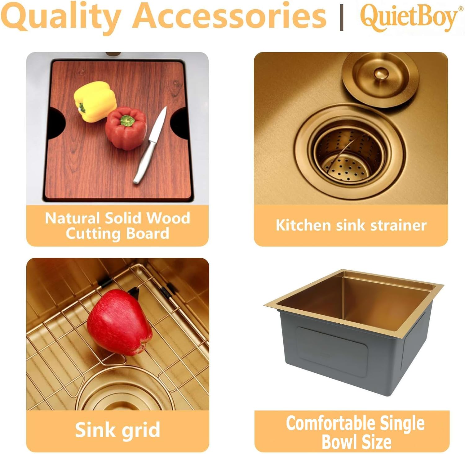 15 Inch Drop In Kitchen Sink, Stainless Steel Single Bowl Undermount Kitchen Sinks, Single Bowl Farmhouse Workstation Sinks(Gold, 1515)