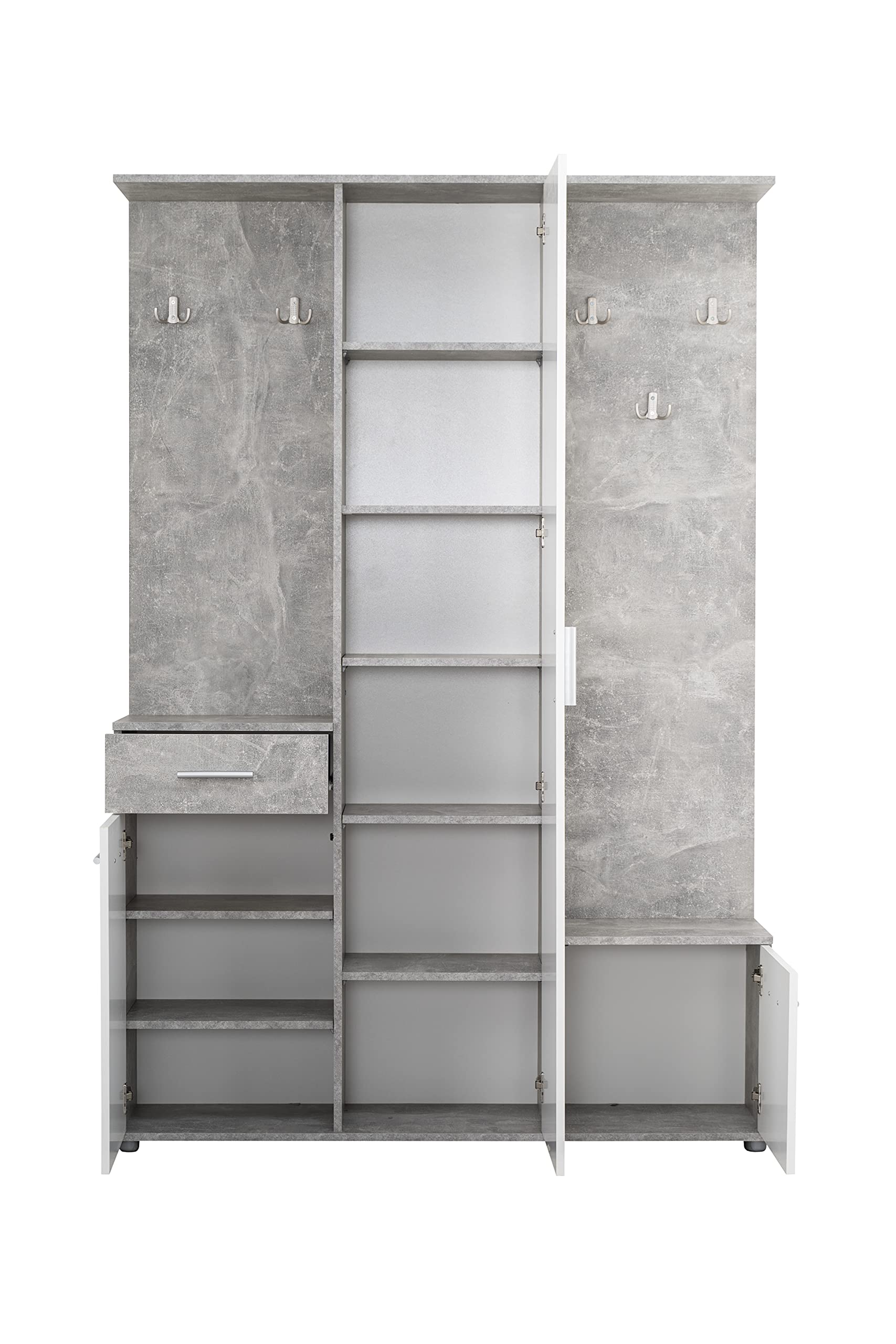 Arredo Stock Mobile da ingresso con armadio, portascarpe, specchio cassetto ed attaccapanni bianco con finiture effetto cemento, 133x197x33 cm