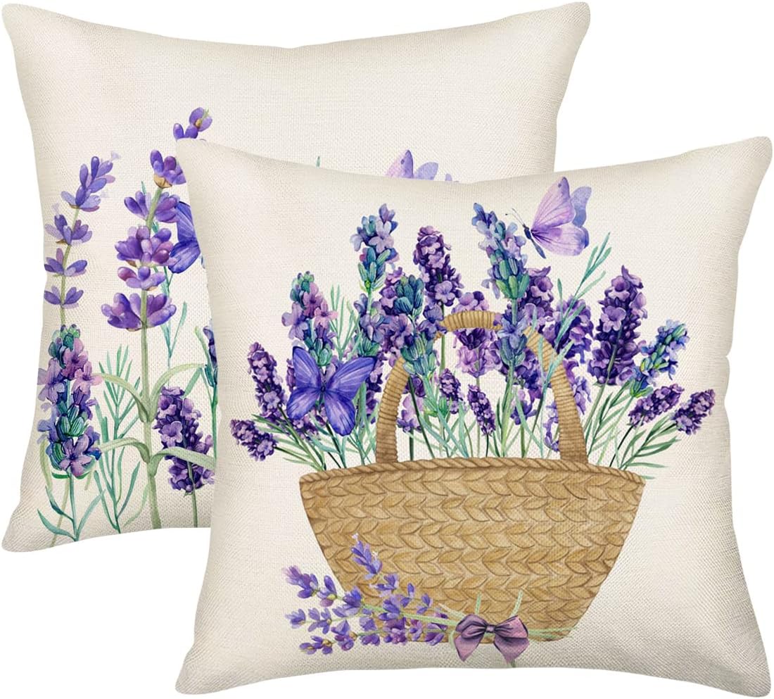Smilyard Spring Lavender Pillow Cover 18x18 Inch Set of 2, Purple Flowers Throw Pillow Covers Summer Watercolor Floral Decorations Linen Cushion Covers Farmhouse Home Decor for Sofa Couch Outdoor