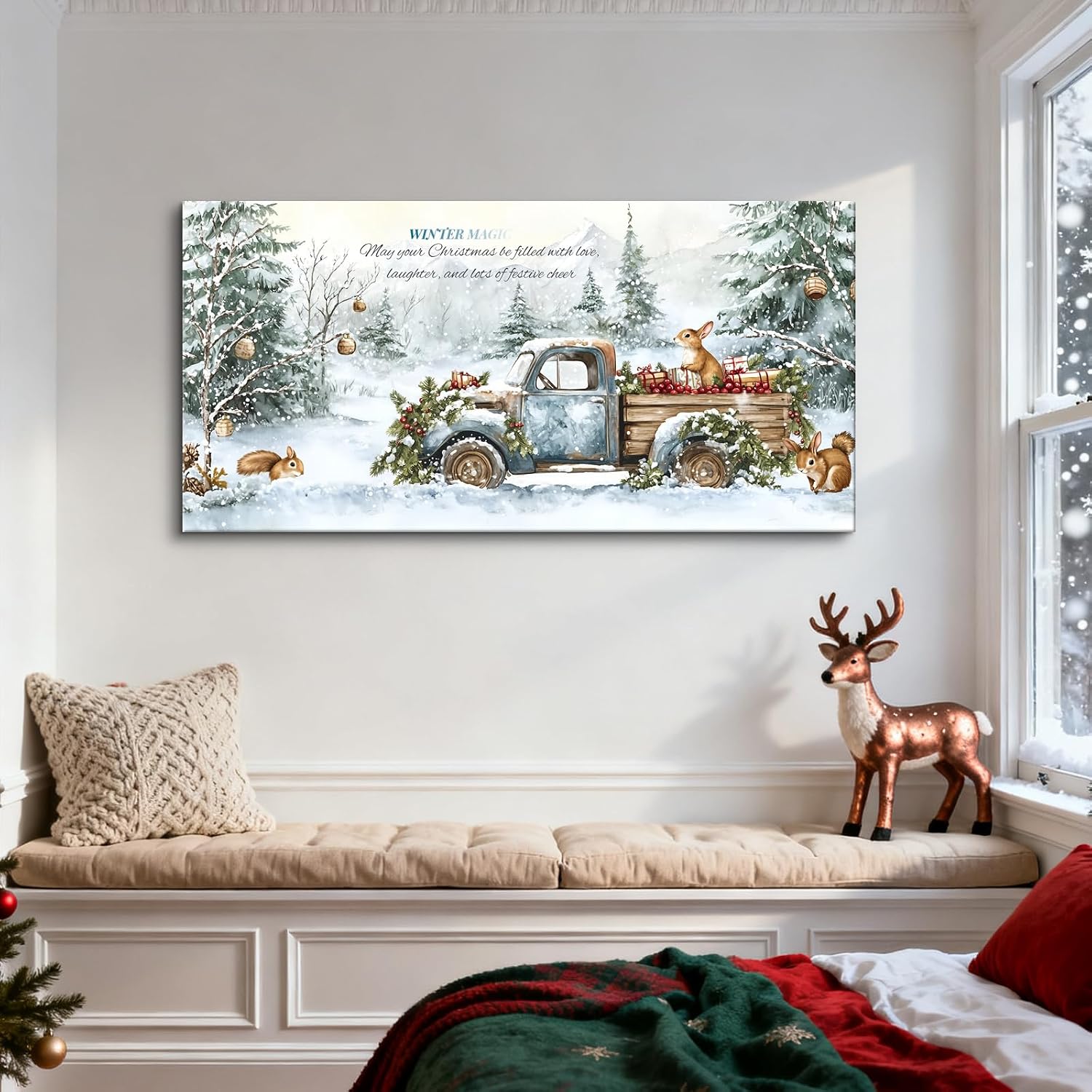 Craftline Vintage Christmas Truck Canvas Wall Art Rustic Blue Pickup Vehicle with Squirrels Rabbit Gifts Pictures Winter Snowy Pine Trees Landscape Poster Prints Holiday Artwork For Living Room 32x16”